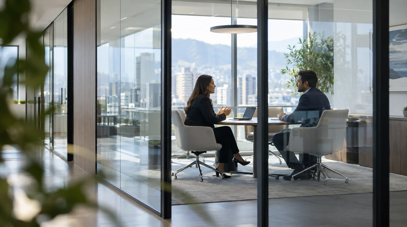 Dos profesionales conversan en una sala de reuniones acristalada.