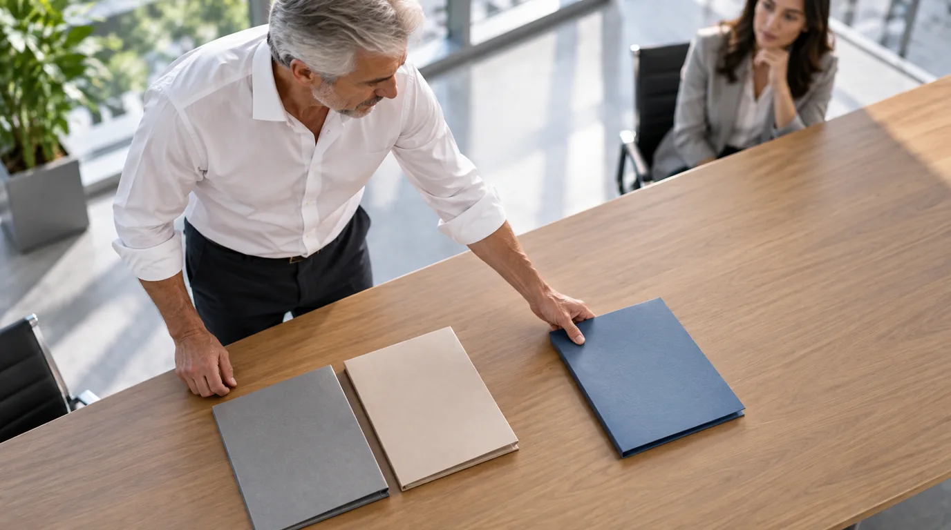 Un profesional reorganiza tres carpetas sobre una mesa mientras una colega observa.