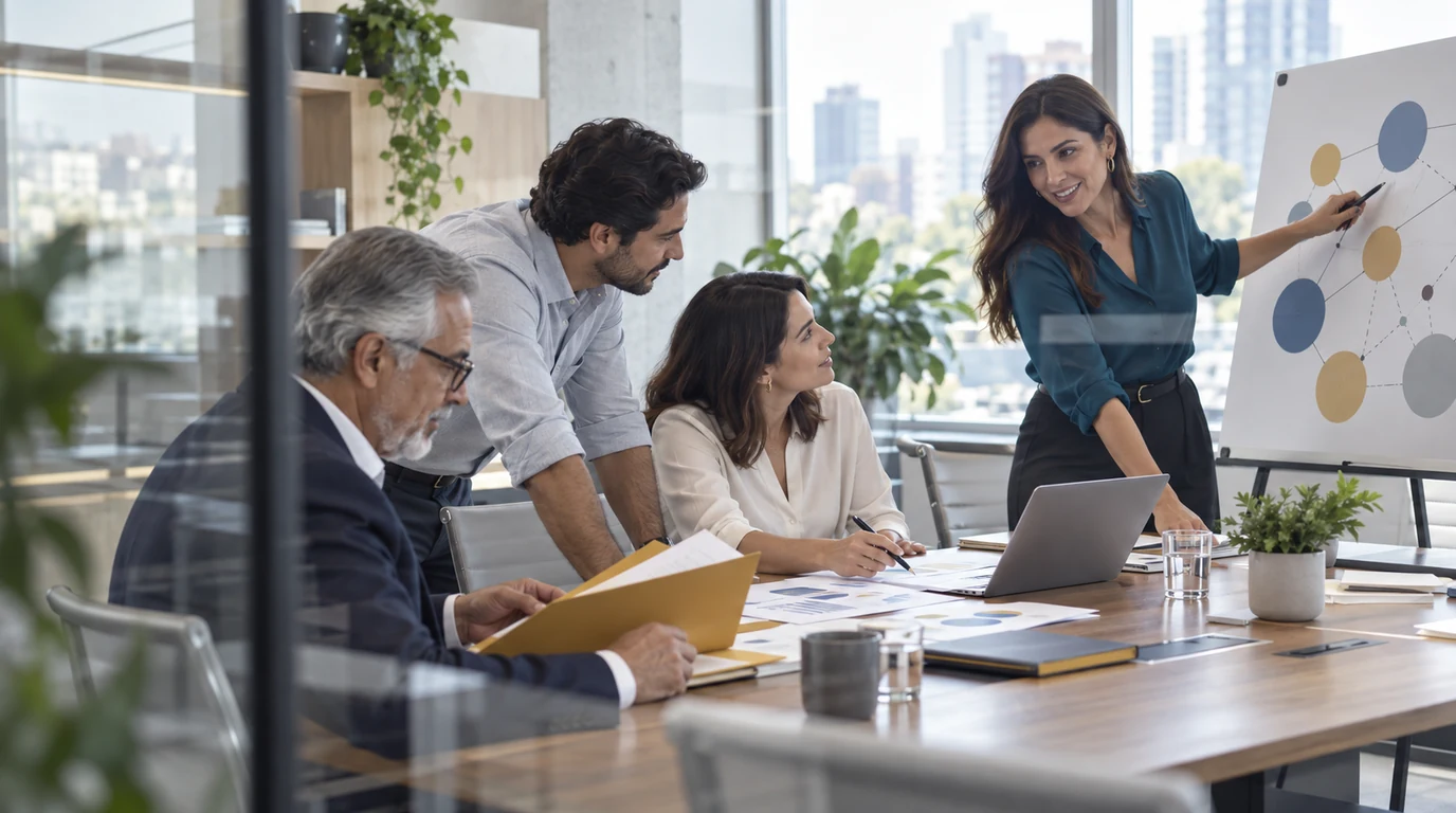 Equipo de profesionales analiza documentos en una mesa de trabajo.